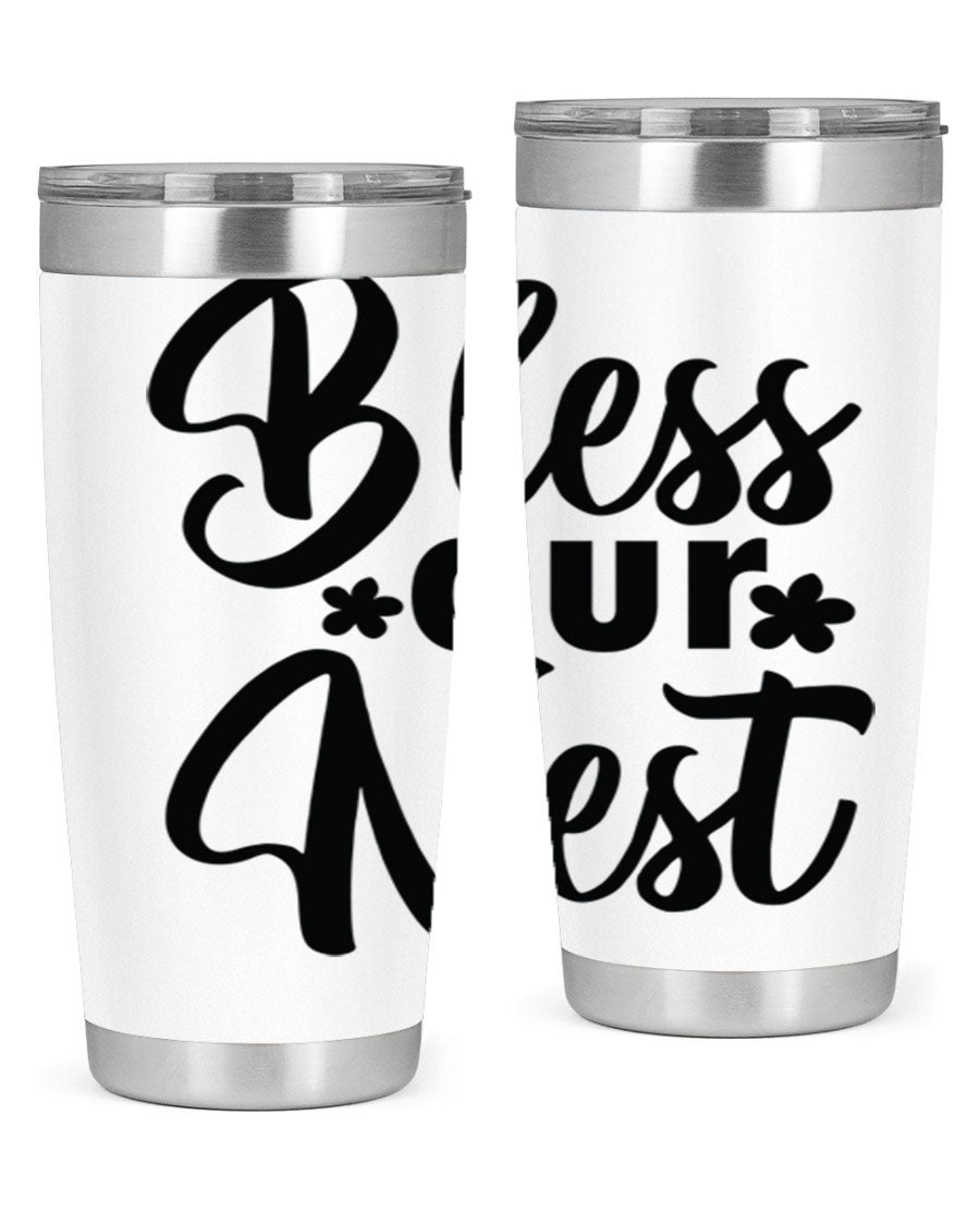 Bless Our Nest design tumbler in stainless steel, featuring a charming print and a press-in lid, ideal for hot and cold beverages.