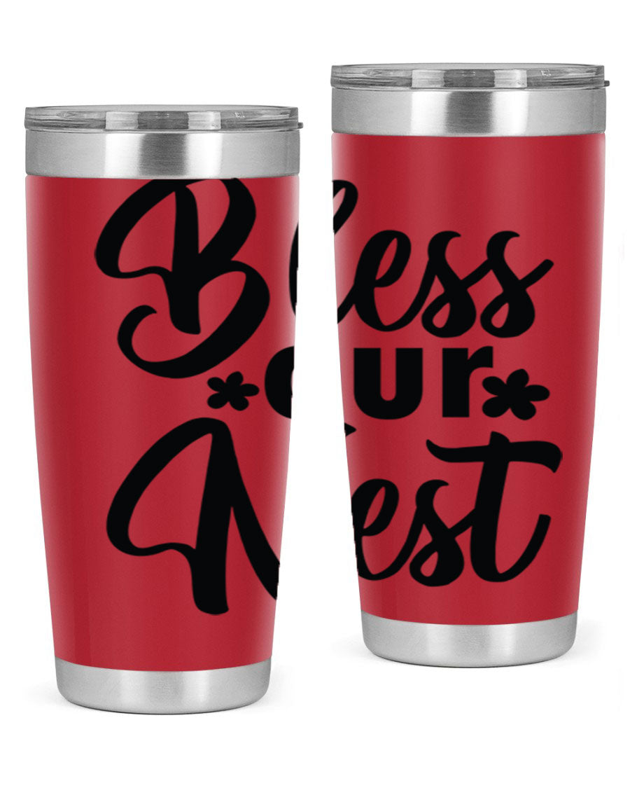 Bless Our Nest design tumbler in stainless steel, featuring a charming print and a press-in lid, ideal for hot and cold beverages.