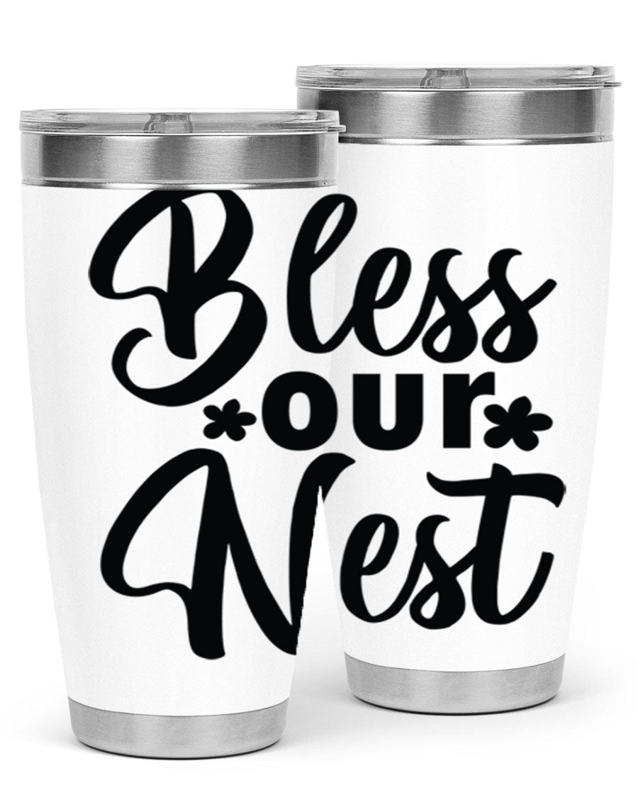 Bless Our Nest design tumbler in stainless steel, featuring a charming print and a press-in lid, ideal for hot and cold beverages.