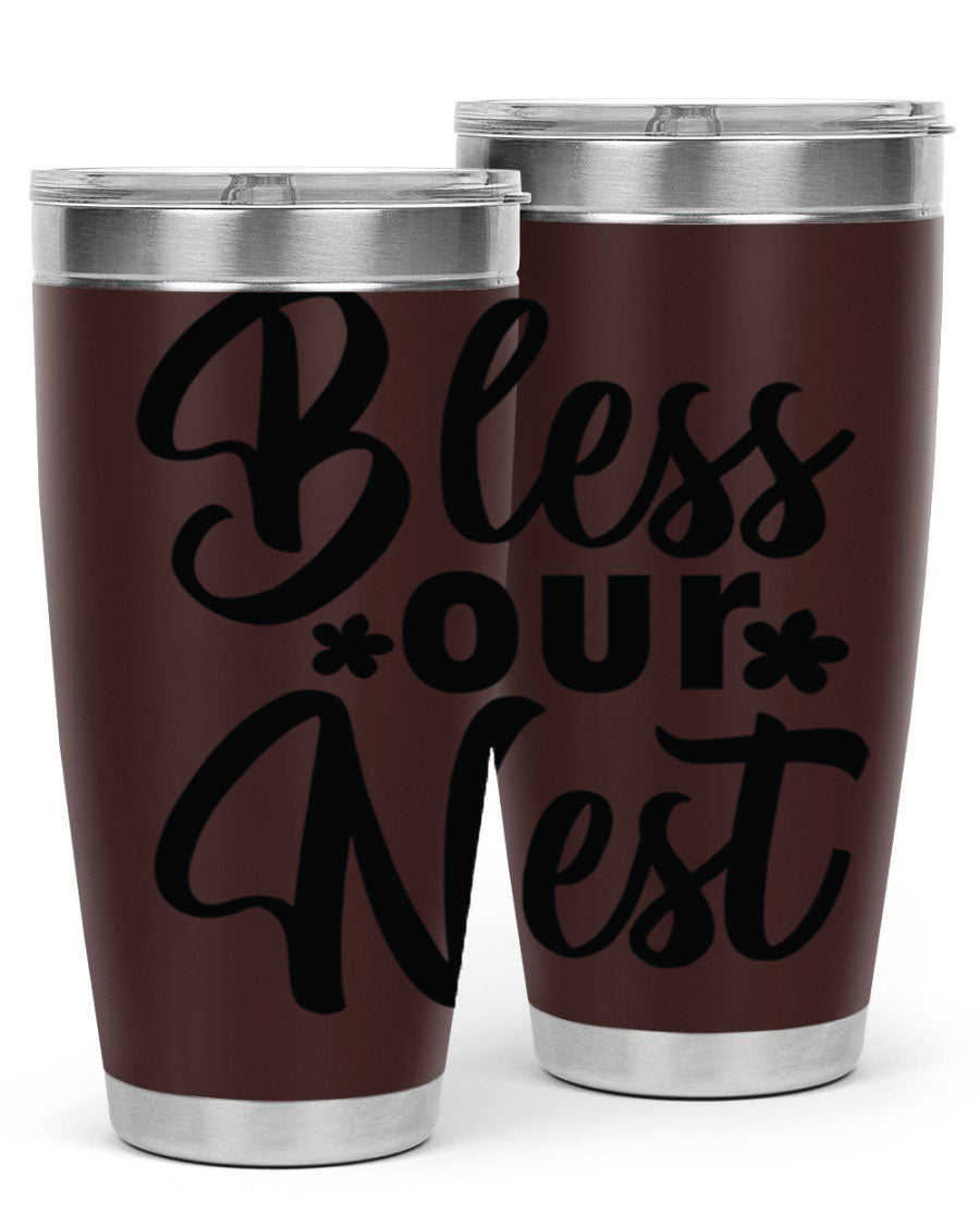 Bless Our Nest design tumbler in stainless steel, featuring a charming print and a press-in lid, ideal for hot and cold beverages.