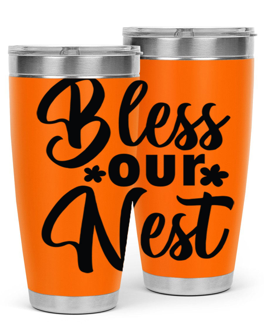 Bless Our Nest design tumbler in stainless steel, featuring a charming print and a press-in lid, ideal for hot and cold beverages.