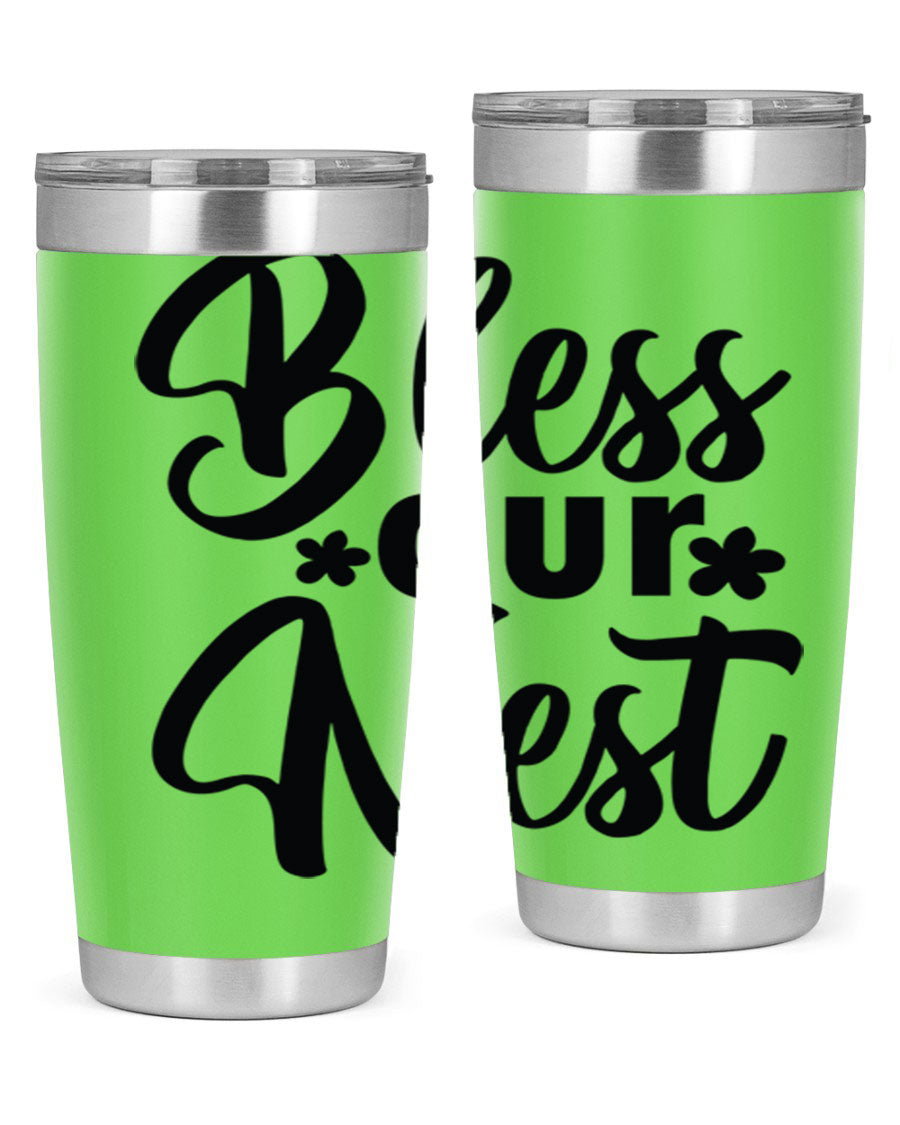 Bless Our Nest design tumbler in stainless steel, featuring a charming print and a press-in lid, ideal for hot and cold beverages.