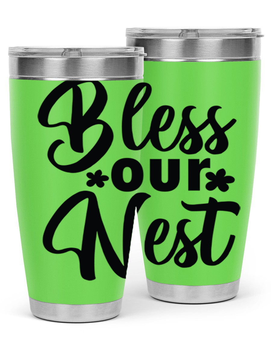 Bless Our Nest design tumbler in stainless steel, featuring a charming print and a press-in lid, ideal for hot and cold beverages.