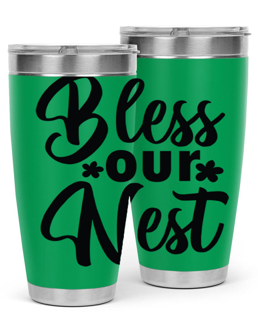 Bless Our Nest design tumbler in stainless steel, featuring a charming print and a press-in lid, ideal for hot and cold beverages.