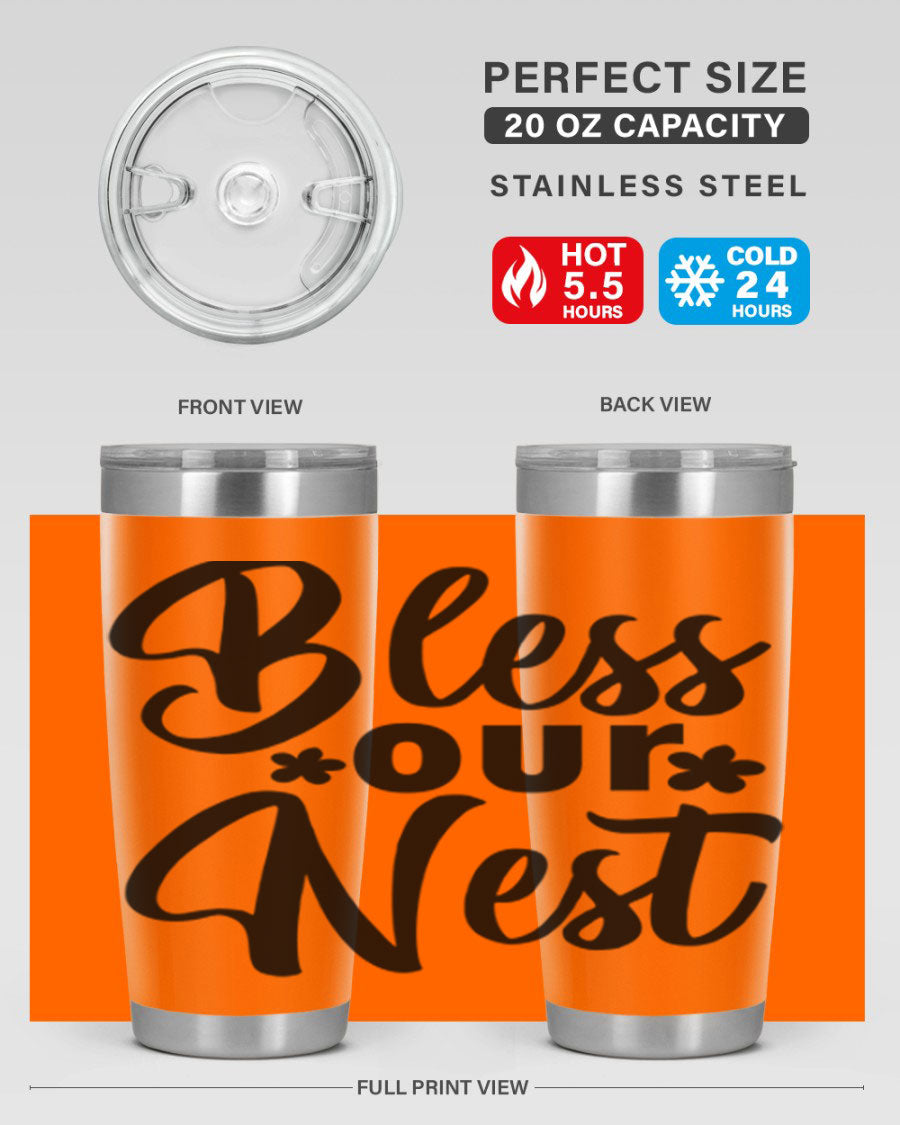 Bless Our Nest design tumbler in stainless steel, featuring a charming print and a press-in lid, ideal for hot and cold beverages.