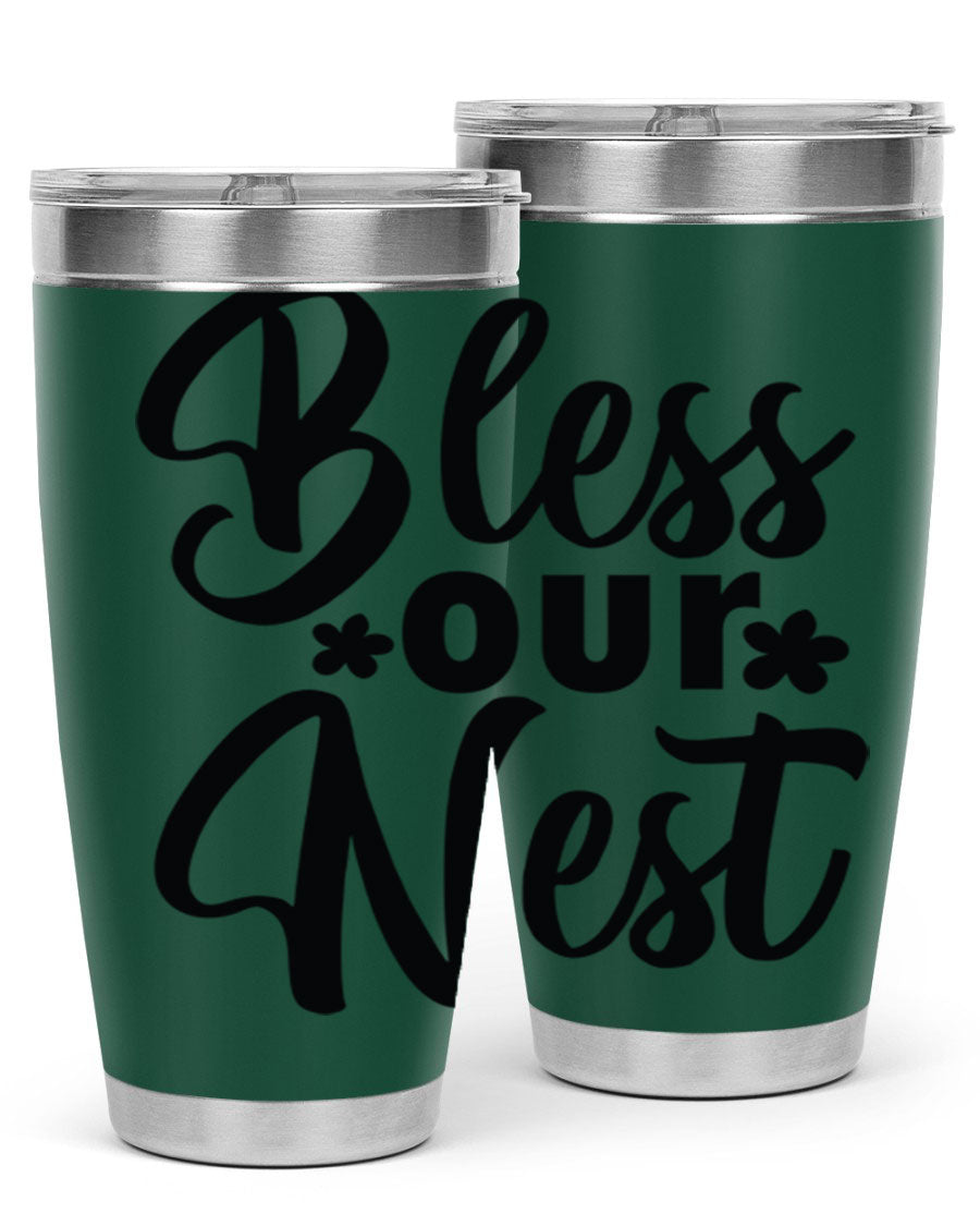 Bless Our Nest design tumbler in stainless steel, featuring a charming print and a press-in lid, ideal for hot and cold beverages.