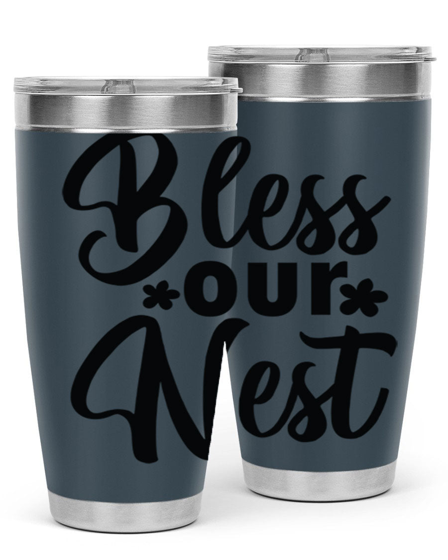 Bless Our Nest design tumbler in stainless steel, featuring a charming print and a press-in lid, ideal for hot and cold beverages.