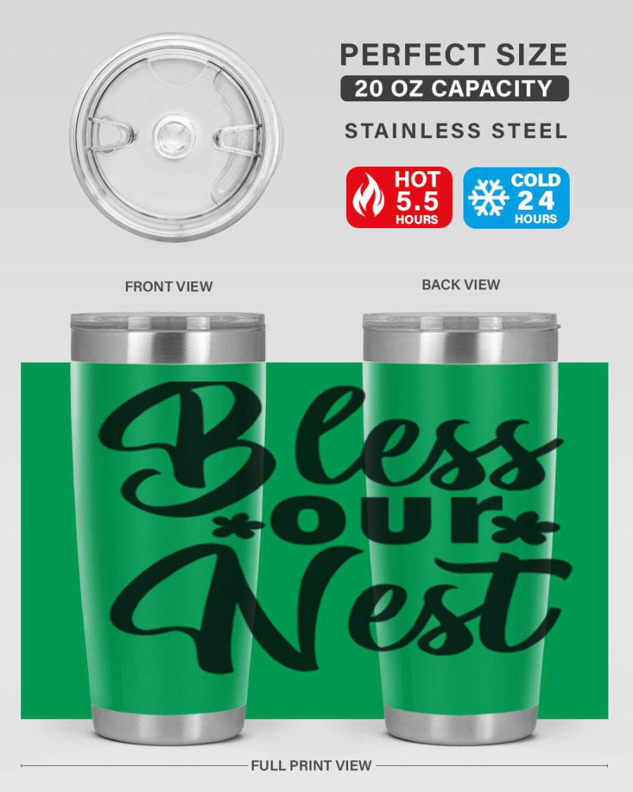 Bless Our Nest design tumbler in stainless steel, featuring a charming print and a press-in lid, ideal for hot and cold beverages.