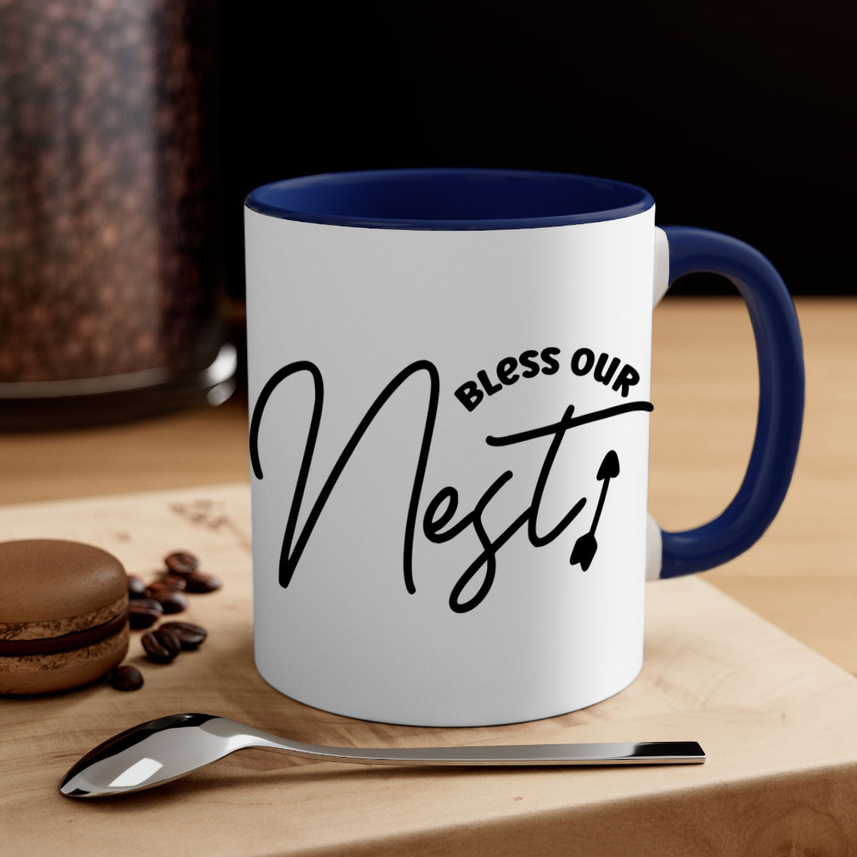 Bless Our Nest55# Mug with two-tone design, colored handle, and glossy finish, available in multiple colors.