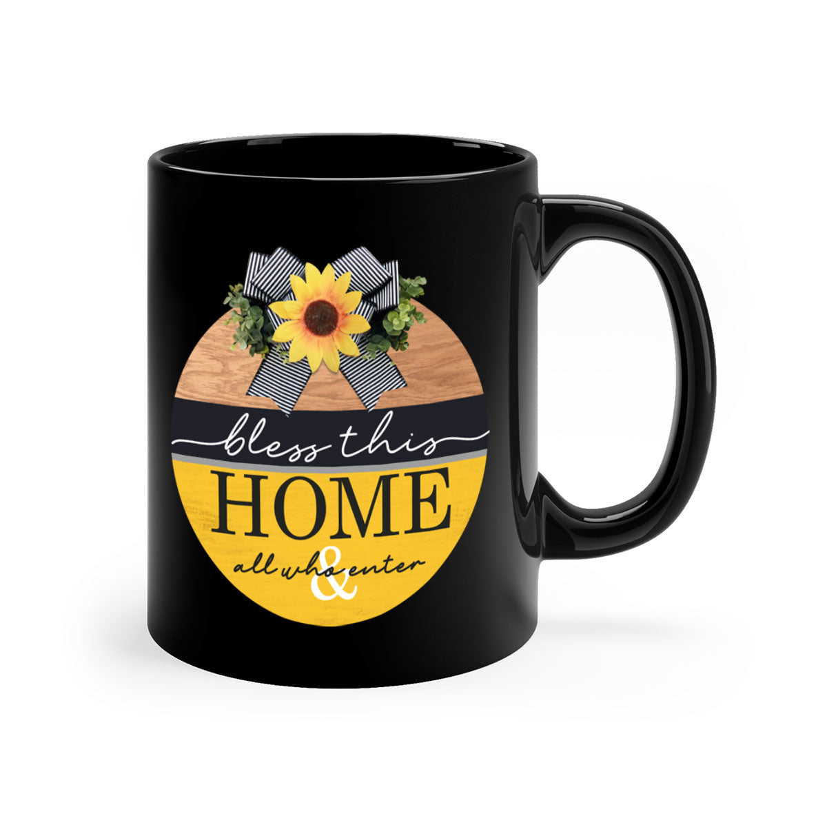 A stylish two-tone ceramic mug with a colored handle and glossy finish, featuring the phrase 'Bless this Home' in elegant typography.