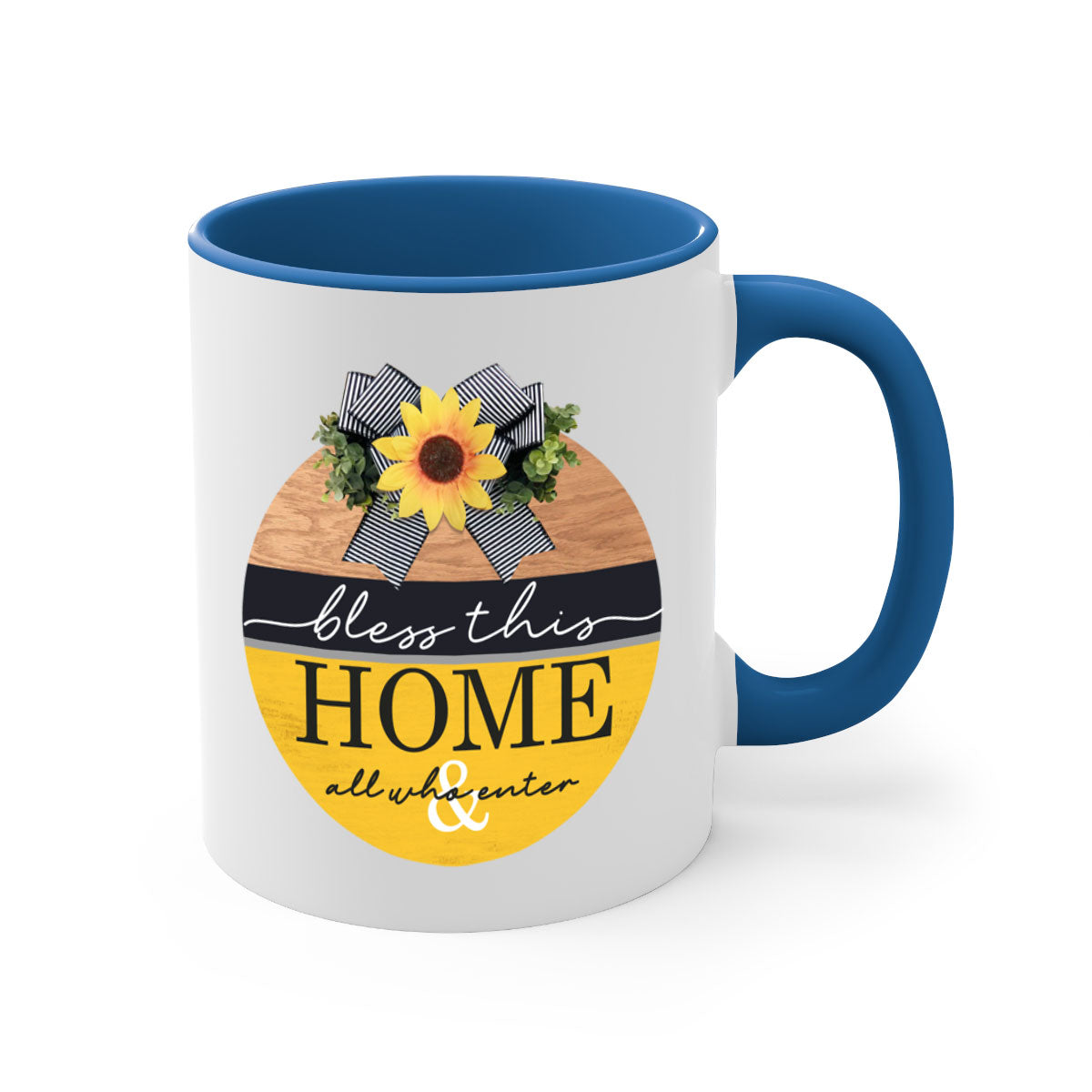 A stylish two-tone ceramic mug with a colored handle and glossy finish, featuring the phrase 'Bless this Home' in elegant typography.