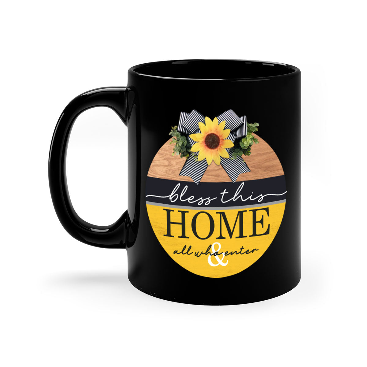 A stylish two-tone ceramic mug with a colored handle and glossy finish, featuring the phrase 'Bless this Home' in elegant typography.