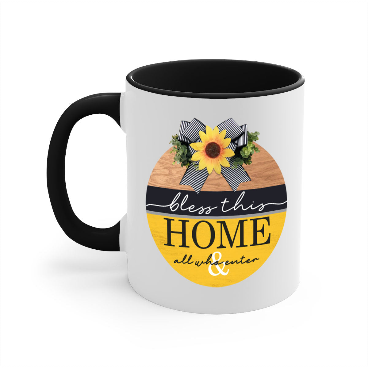 A stylish two-tone ceramic mug with a colored handle and glossy finish, featuring the phrase 'Bless this Home' in elegant typography.