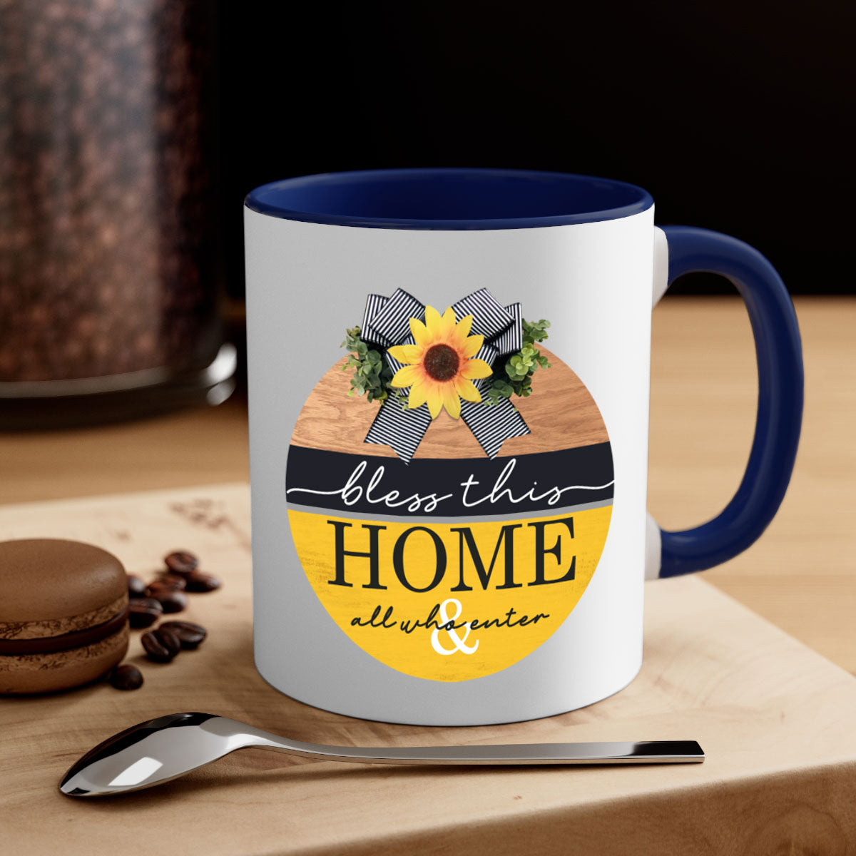 A stylish two-tone ceramic mug with a colored handle and glossy finish, featuring the phrase 'Bless this Home' in elegant typography.