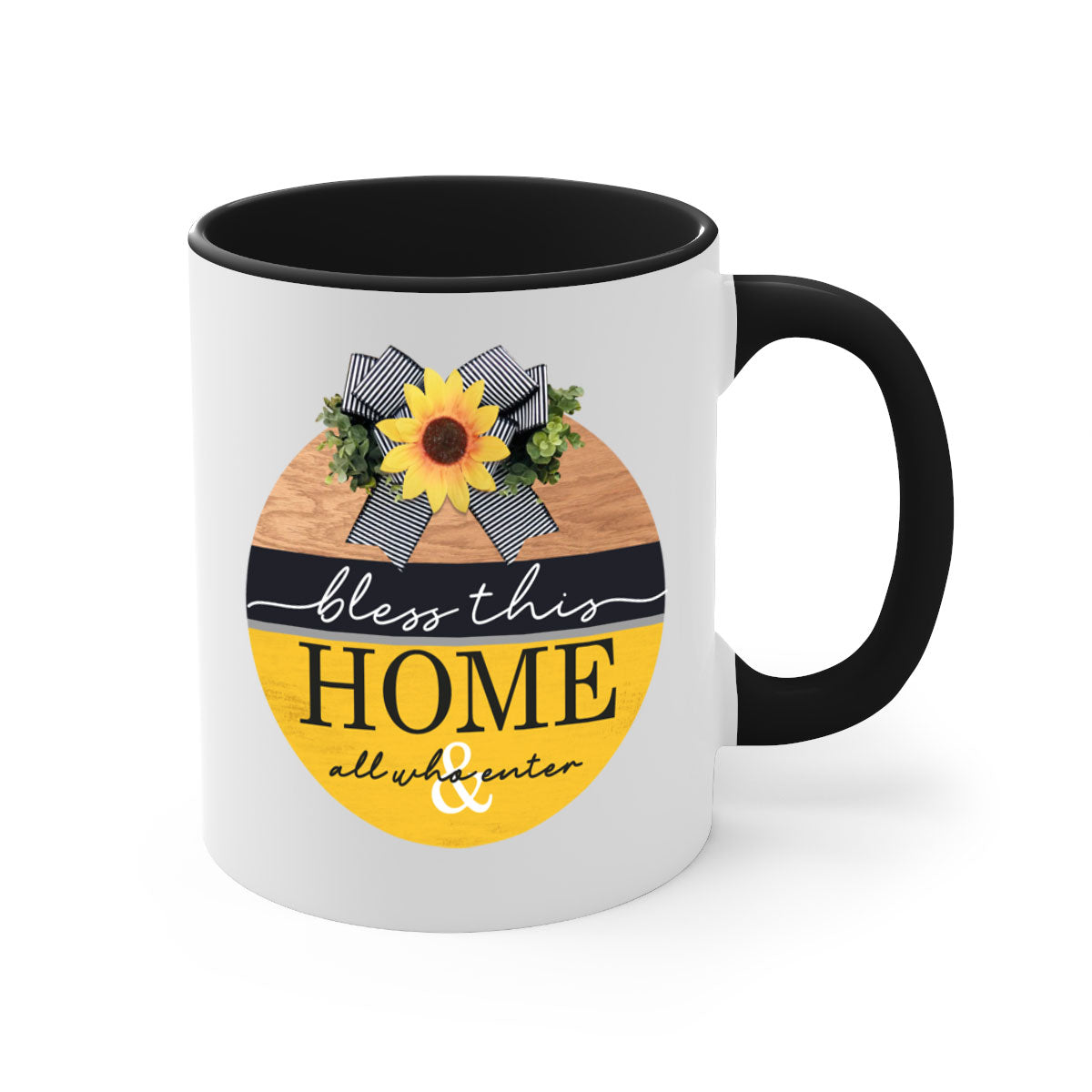 A stylish two-tone ceramic mug with a colored handle and glossy finish, featuring the phrase 'Bless this Home' in elegant typography.