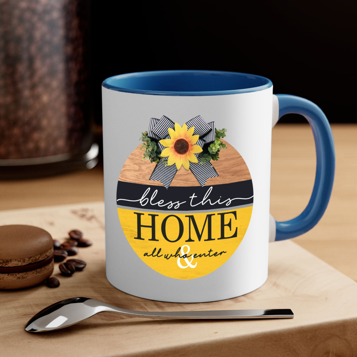 A stylish two-tone ceramic mug with a colored handle and glossy finish, featuring the phrase 'Bless this Home' in elegant typography.