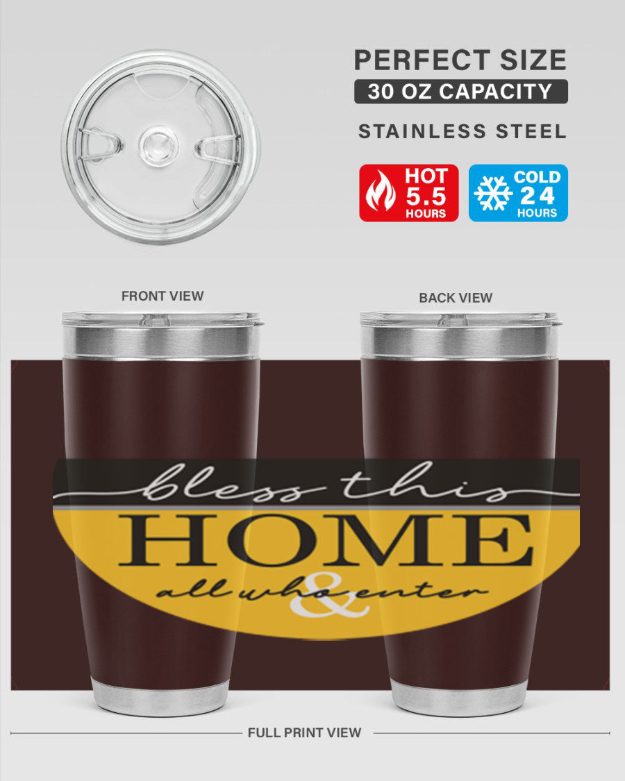 Bless this Home and all57# tumbler in stainless steel with a vibrant design, perfect for hot and cold beverages.