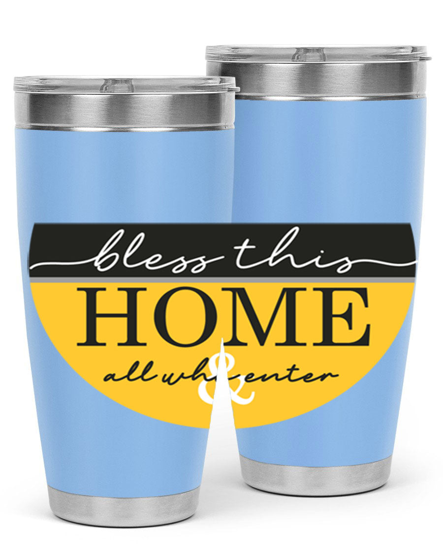 Bless this Home and all57# tumbler in stainless steel with a vibrant design, perfect for hot and cold beverages.