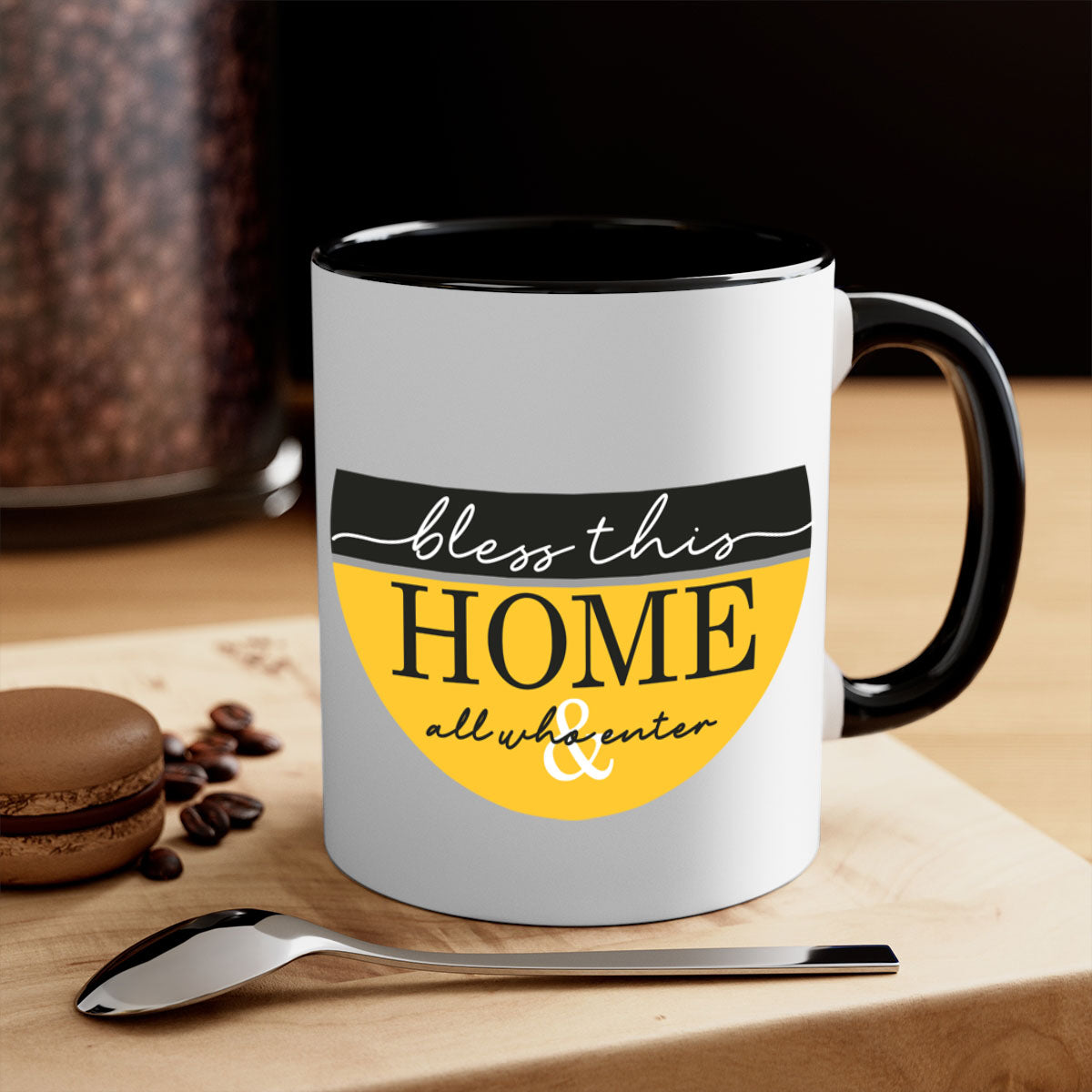 A two-tone ceramic mug with a glossy finish, featuring a colored handle and interior, available in five colors.