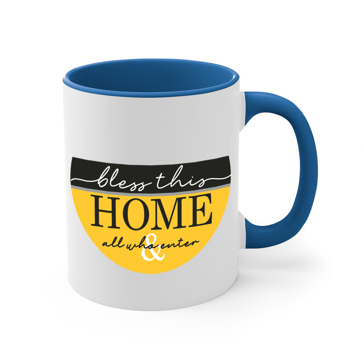 A two-tone ceramic mug with a glossy finish, featuring a colored handle and interior, available in five colors.