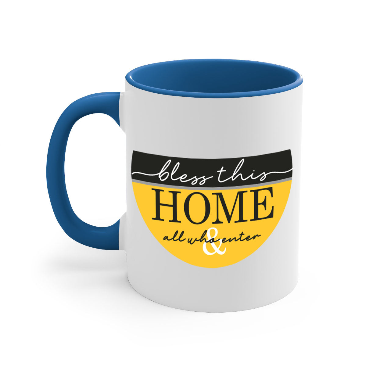 A two-tone ceramic mug with a glossy finish, featuring a colored handle and interior, available in five colors.