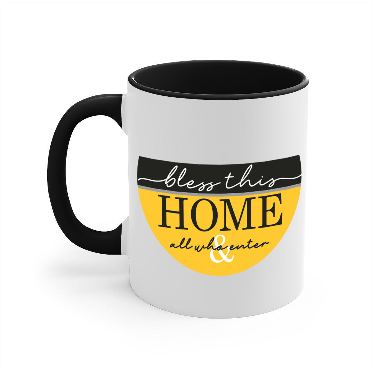 A two-tone ceramic mug with a glossy finish, featuring a colored handle and interior, available in five colors.