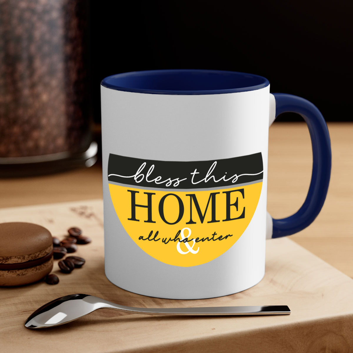 A two-tone ceramic mug with a glossy finish, featuring a colored handle and interior, available in five colors.