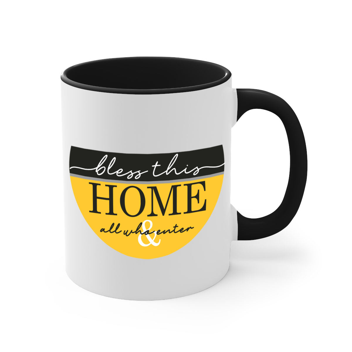 A two-tone ceramic mug with a glossy finish, featuring a colored handle and interior, available in five colors.