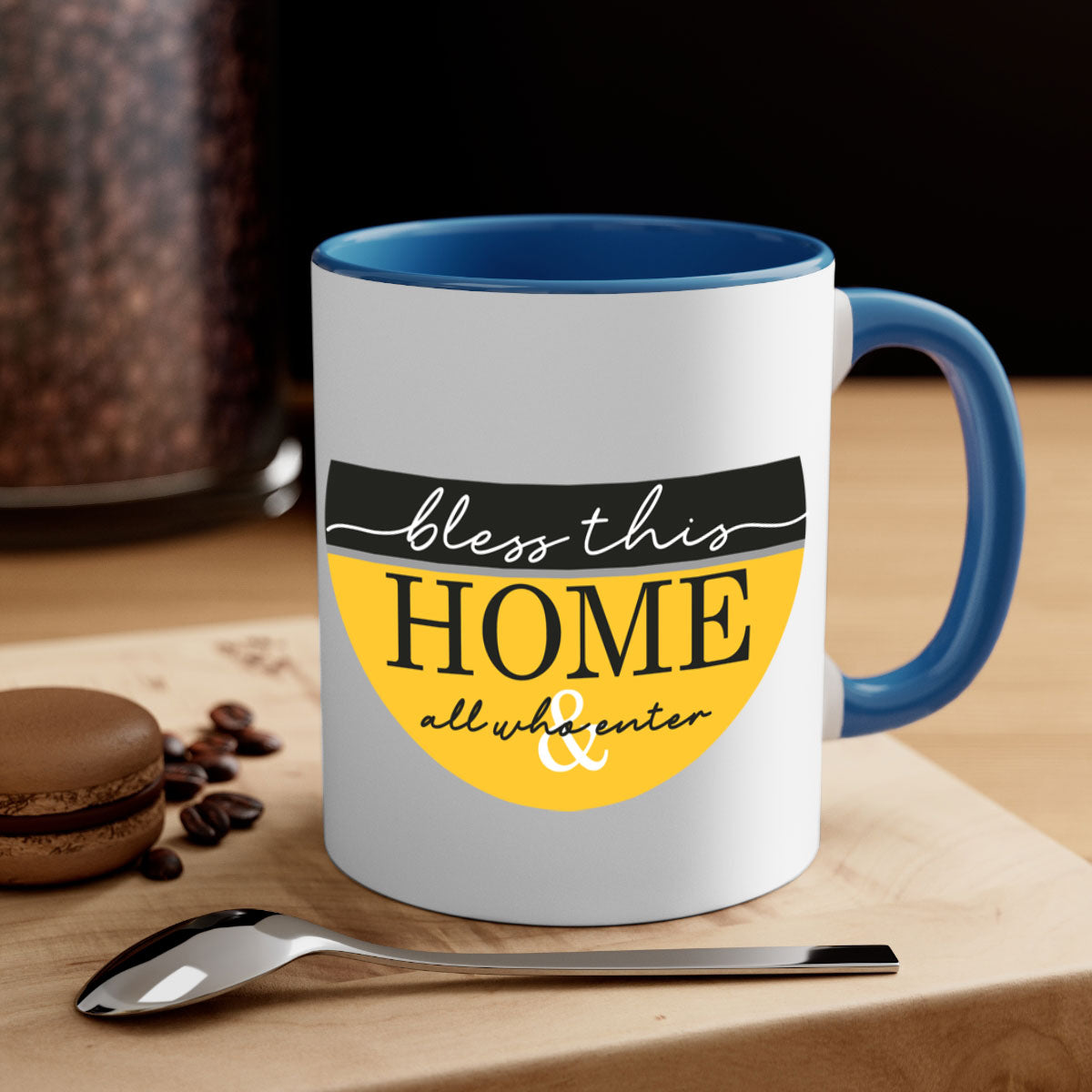 A two-tone ceramic mug with a glossy finish, featuring a colored handle and interior, available in five colors.