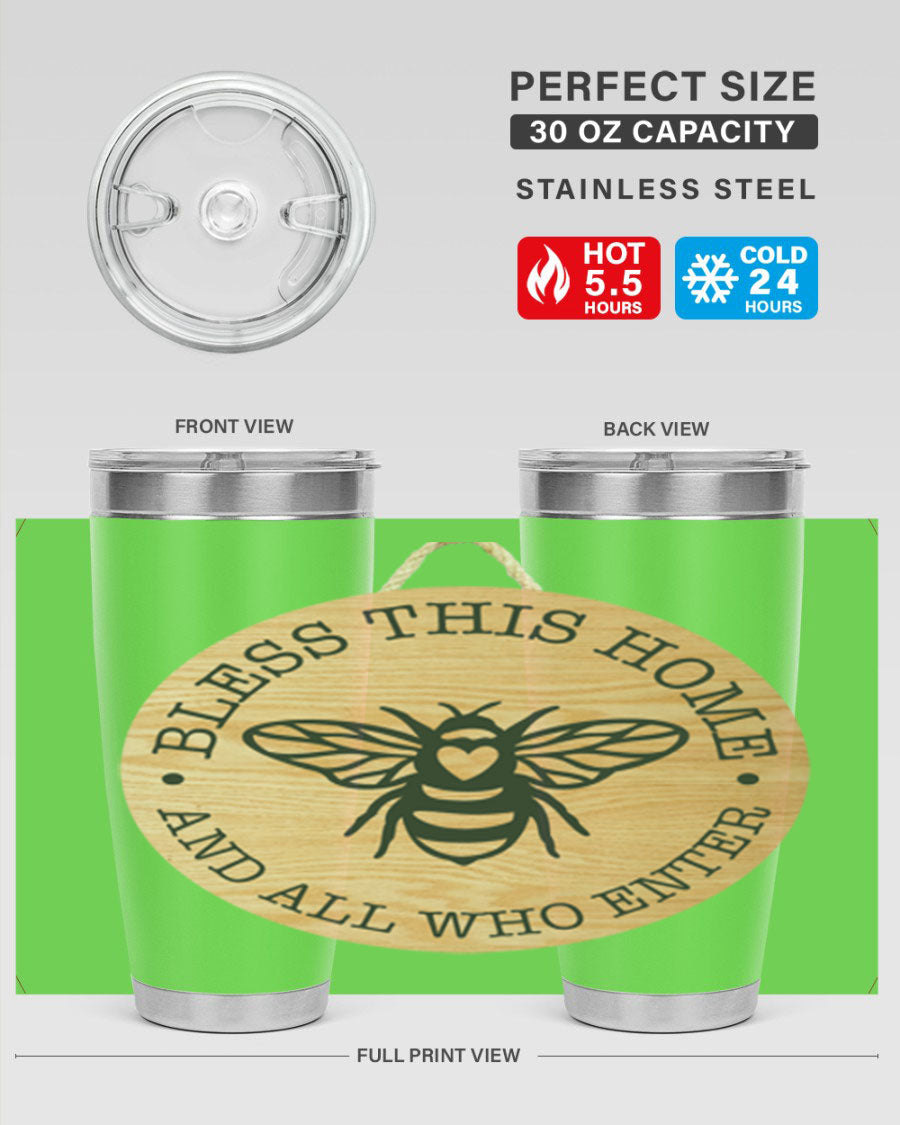 Bless this Home Bee Mockup58# Tumbler in 20oz and 30oz sizes, showcasing its stainless steel design and vibrant print.