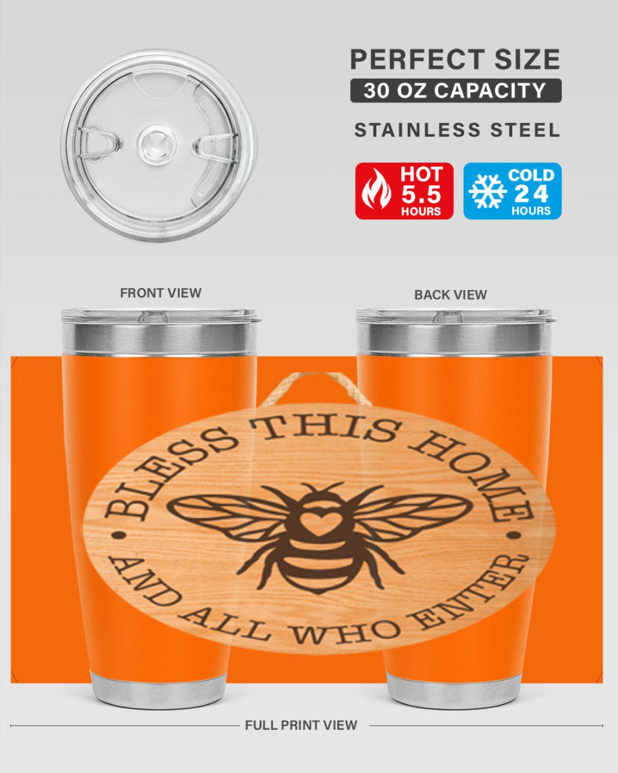 Bless this Home Bee Mockup58# Tumbler in 20oz and 30oz sizes, showcasing its stainless steel design and vibrant print.