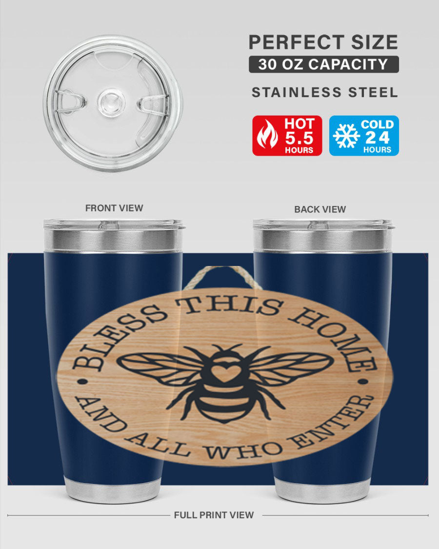 Bless this Home Bee Mockup58# Tumbler in 20oz and 30oz sizes, showcasing its stainless steel design and vibrant print.