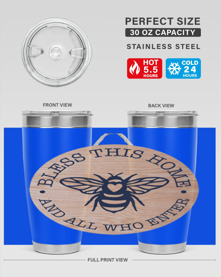 Bless this Home Bee Mockup58# Tumbler in 20oz and 30oz sizes, showcasing its stainless steel design and vibrant print.