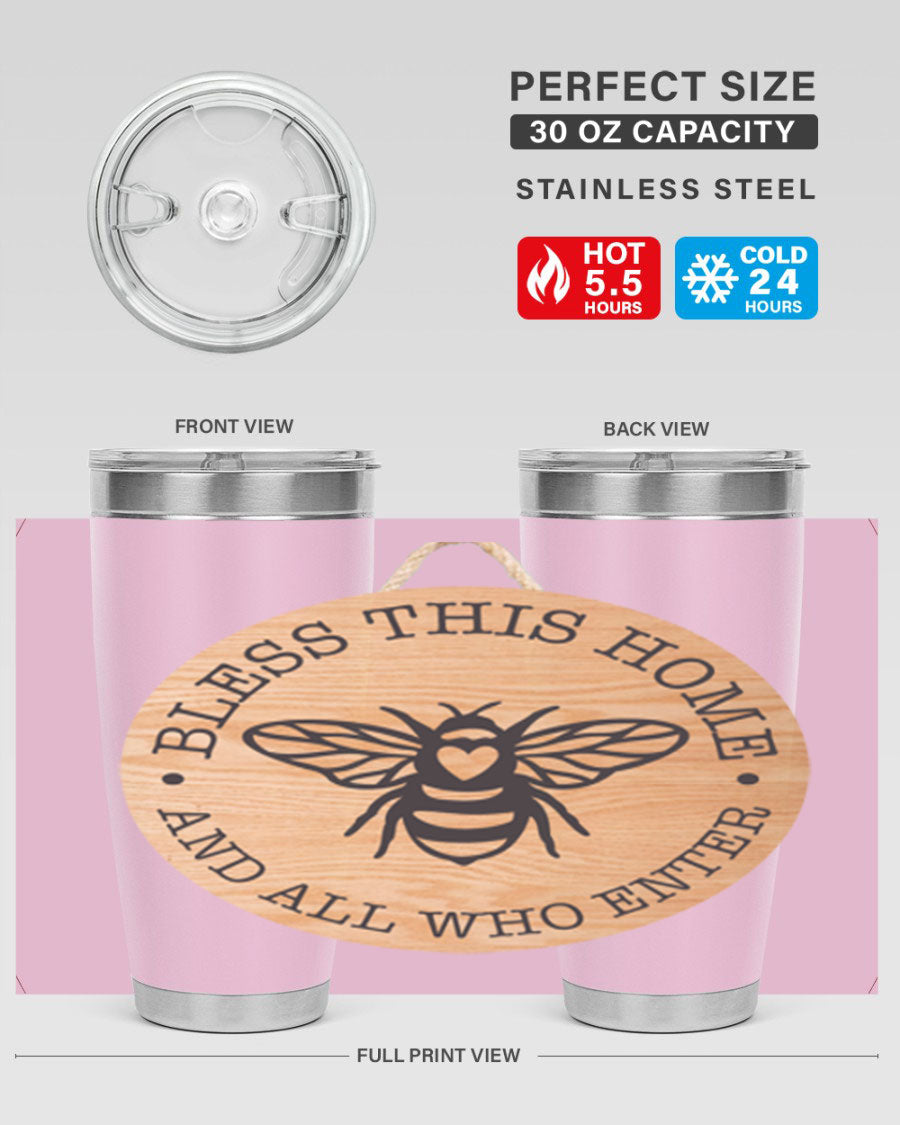 Bless this Home Bee Mockup58# Tumbler in 20oz and 30oz sizes, showcasing its stainless steel design and vibrant print.