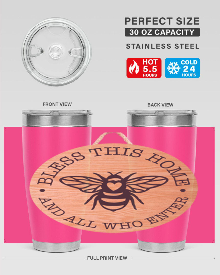 Bless this Home Bee Mockup58# Tumbler in 20oz and 30oz sizes, showcasing its stainless steel design and vibrant print.