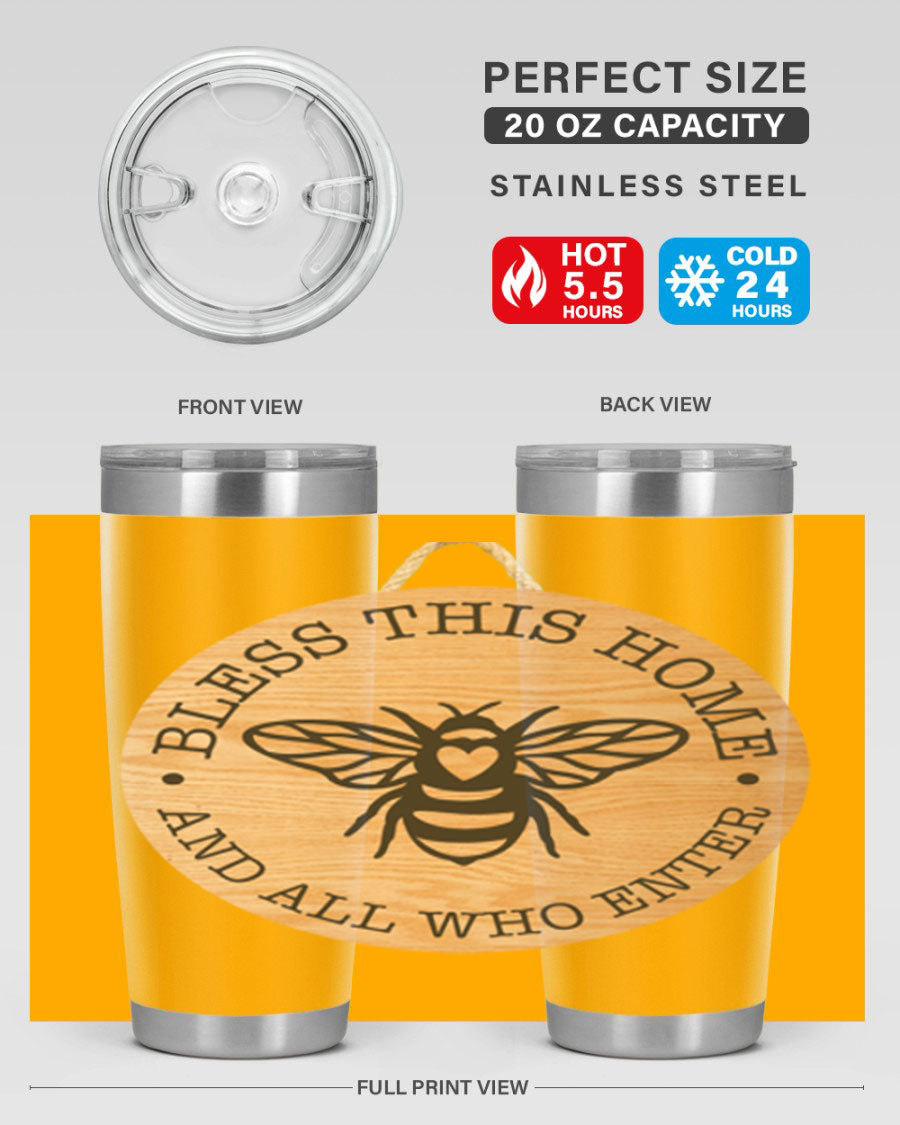 Bless this Home Bee Mockup58# Tumbler in 20oz and 30oz sizes, showcasing its stainless steel design and vibrant print.