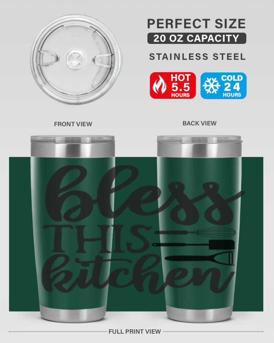 Bless This Kitchen 20oz Tumbler made of stainless steel with a stylish design, perfect for hot and cold beverages.