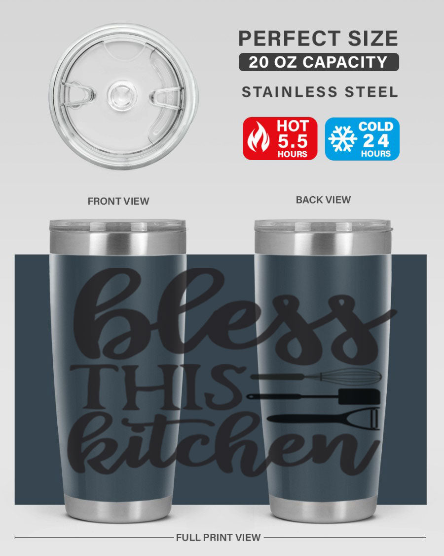 Bless This Kitchen 20oz Tumbler made of stainless steel with a stylish design, perfect for hot and cold beverages.