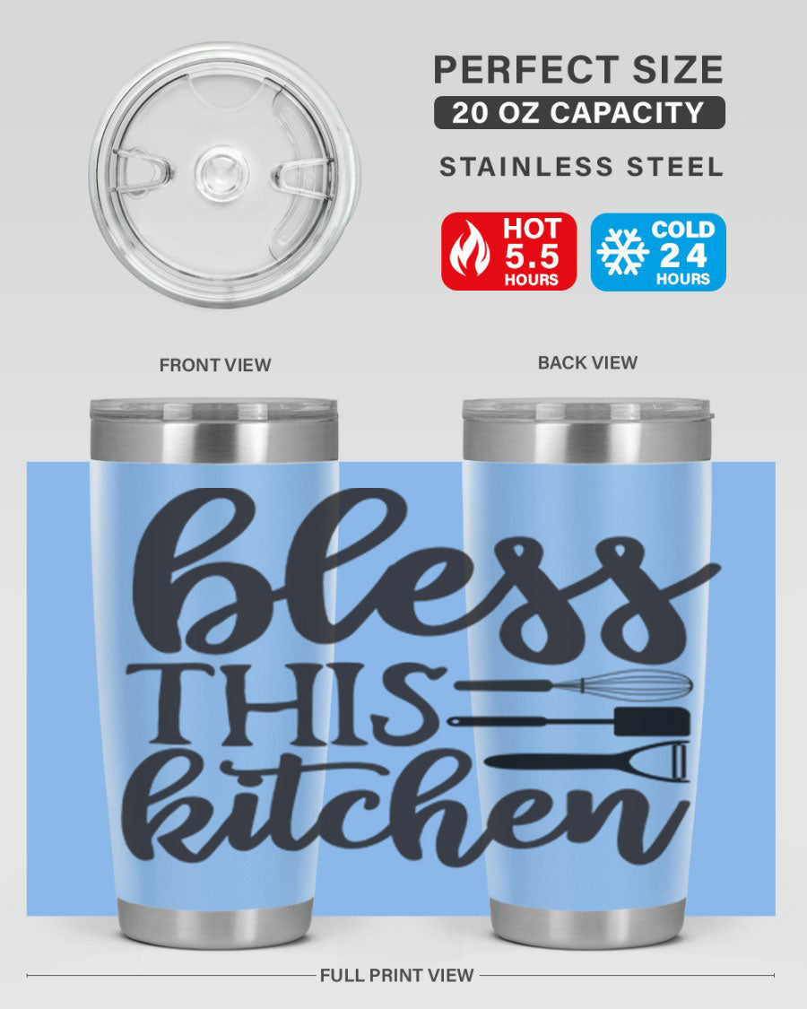 Bless This Kitchen 20oz Tumbler made of stainless steel with a stylish design, perfect for hot and cold beverages.