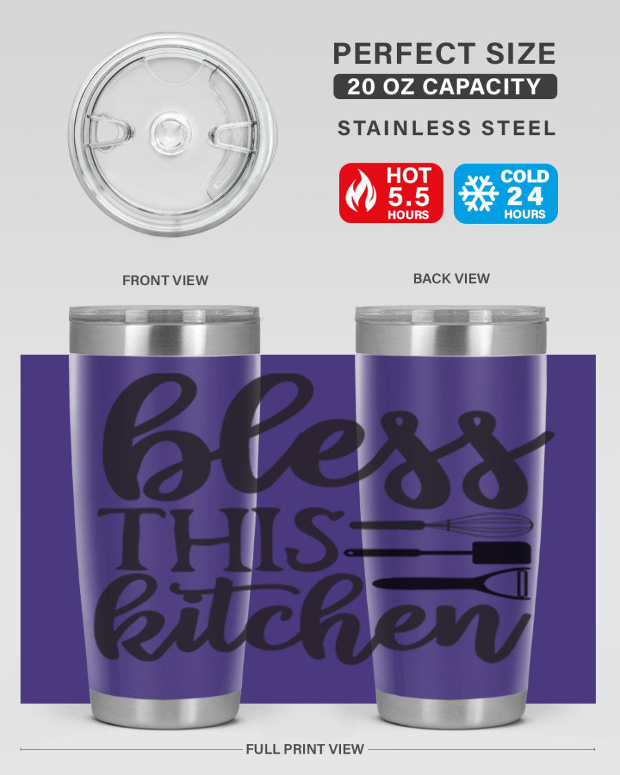 Bless This Kitchen 20oz Tumbler made of stainless steel with a stylish design, perfect for hot and cold beverages.