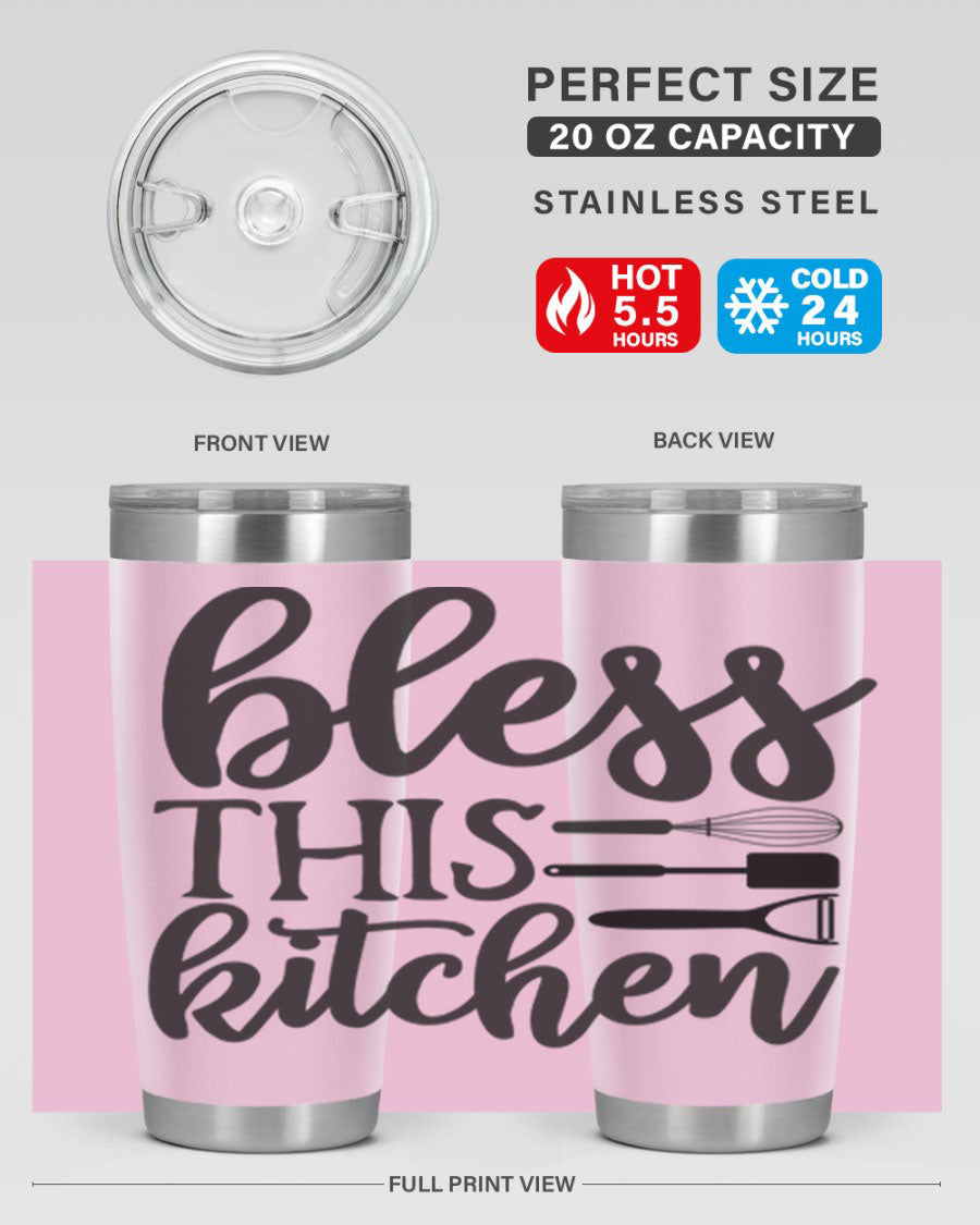 Bless This Kitchen 20oz Tumbler made of stainless steel with a stylish design, perfect for hot and cold beverages.