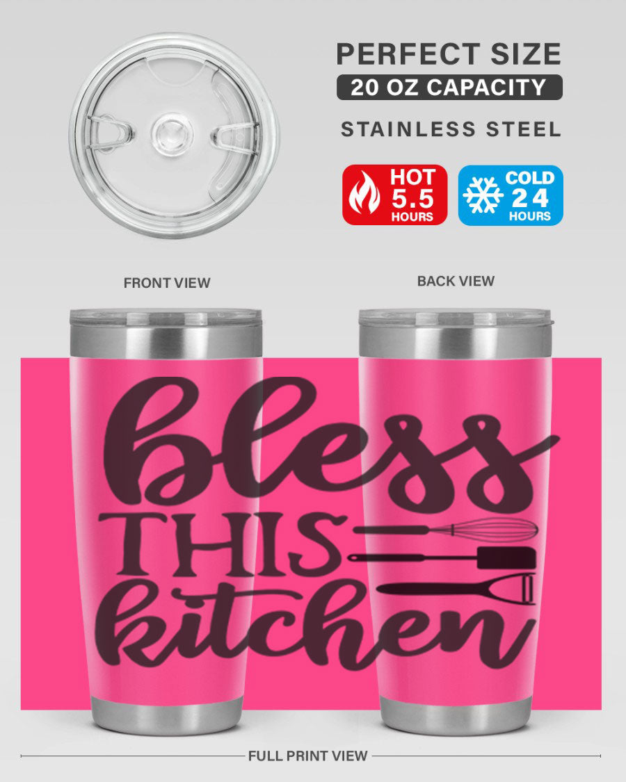 Bless This Kitchen 20oz Tumbler made of stainless steel with a stylish design, perfect for hot and cold beverages.