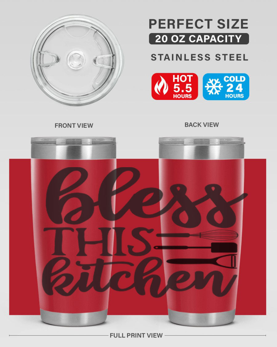 Bless This Kitchen 20oz Tumbler made of stainless steel with a stylish design, perfect for hot and cold beverages.