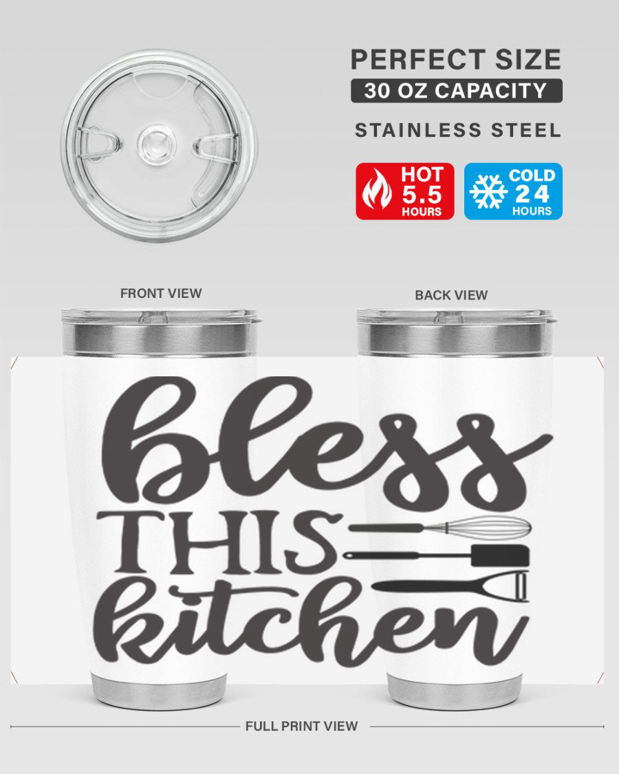 Bless This Kitchen 20oz Tumbler made of stainless steel with a stylish design, perfect for hot and cold beverages.