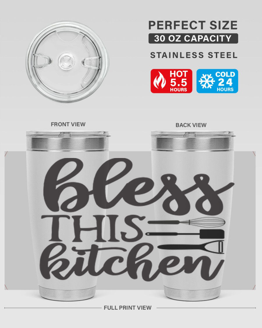 Bless This Kitchen 20oz Tumbler made of stainless steel with a stylish design, perfect for hot and cold beverages.