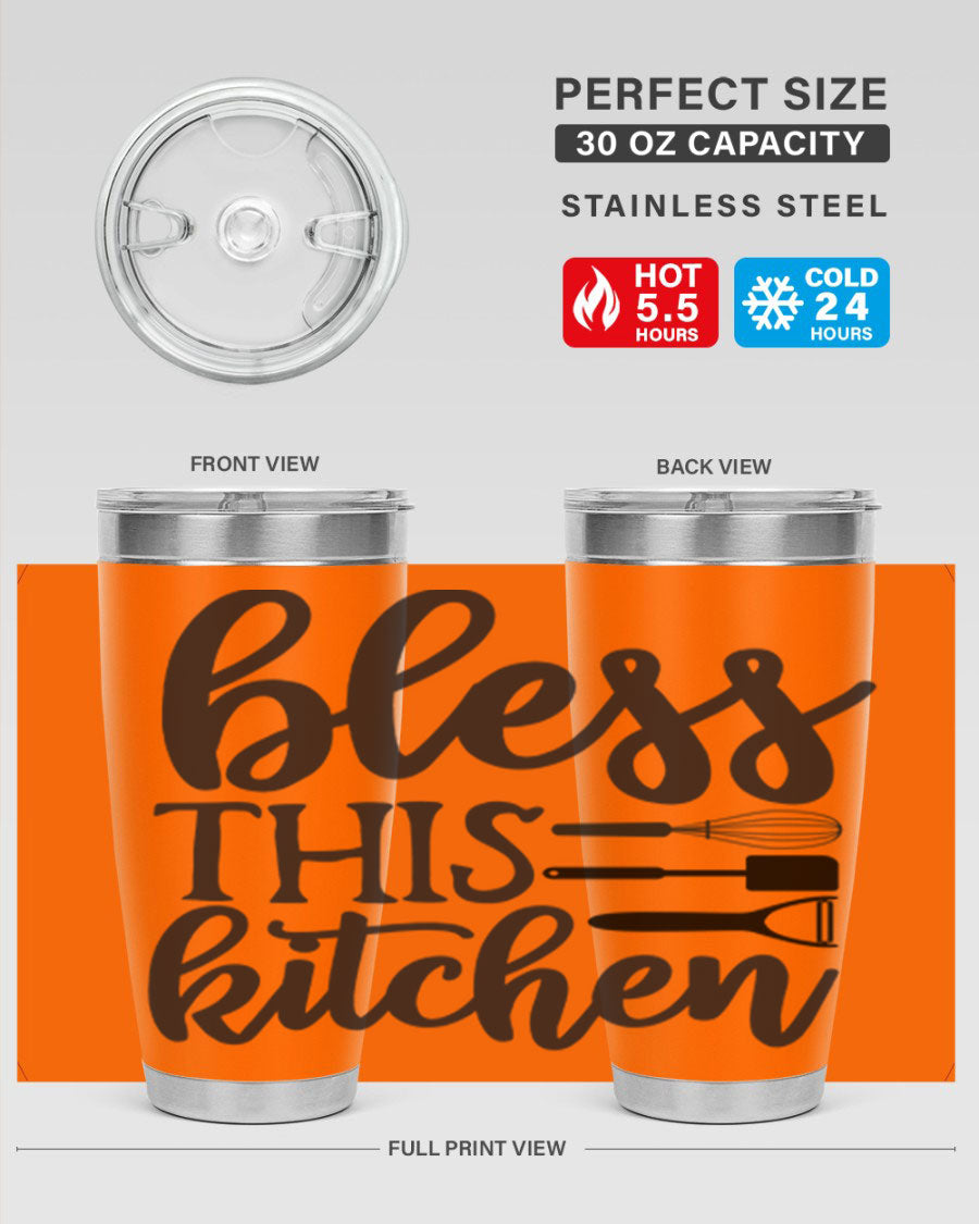 Bless This Kitchen 20oz Tumbler made of stainless steel with a stylish design, perfect for hot and cold beverages.