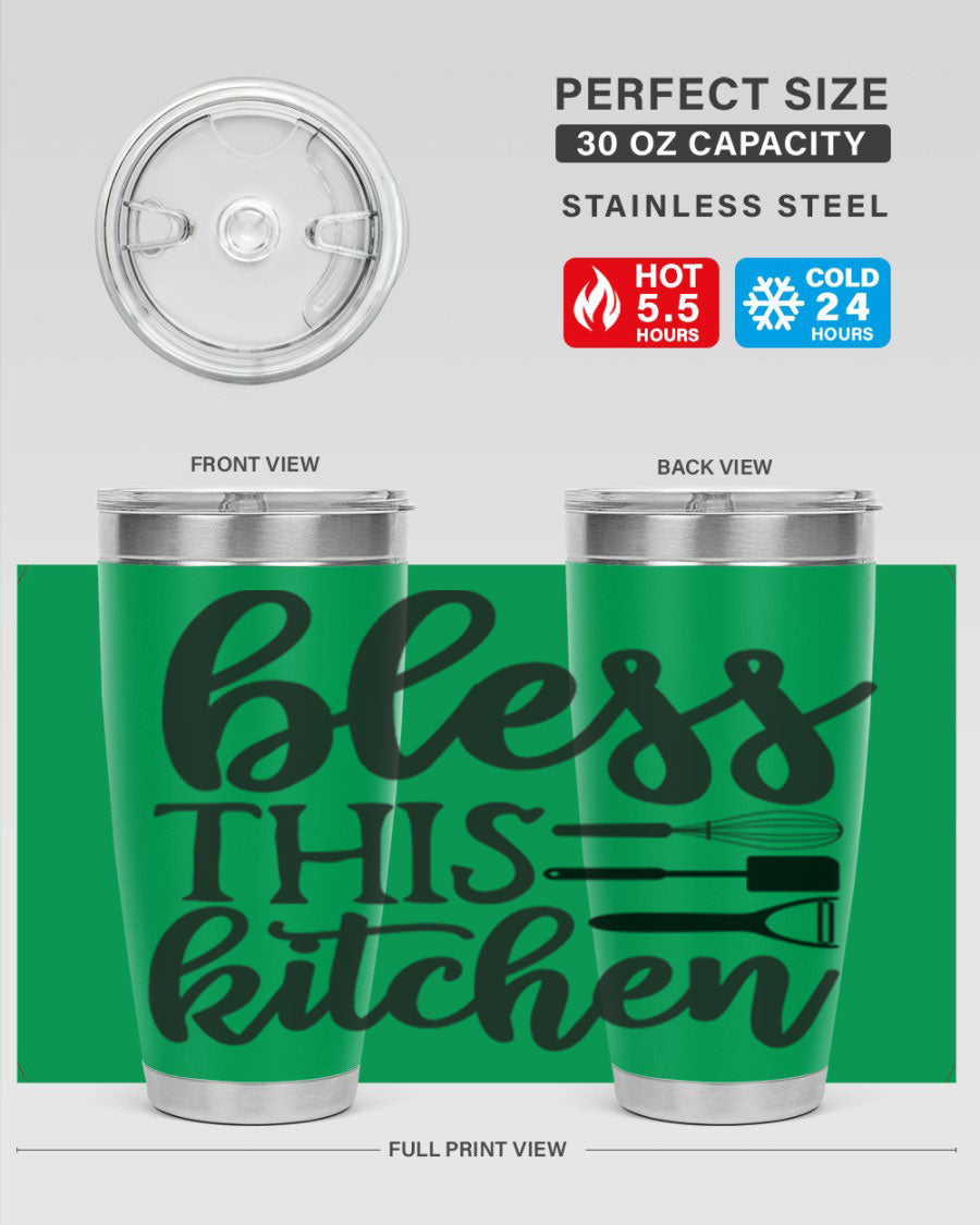 Bless This Kitchen 20oz Tumbler made of stainless steel with a stylish design, perfect for hot and cold beverages.