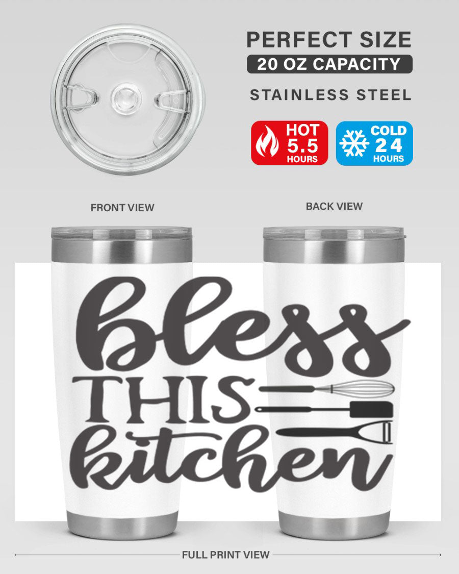 Bless This Kitchen 20oz Tumbler made of stainless steel with a stylish design, perfect for hot and cold beverages.