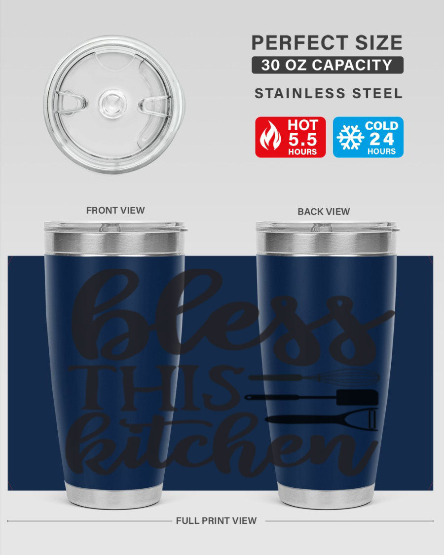 Bless This Kitchen 20oz Tumbler made of stainless steel with a stylish design, perfect for hot and cold beverages.