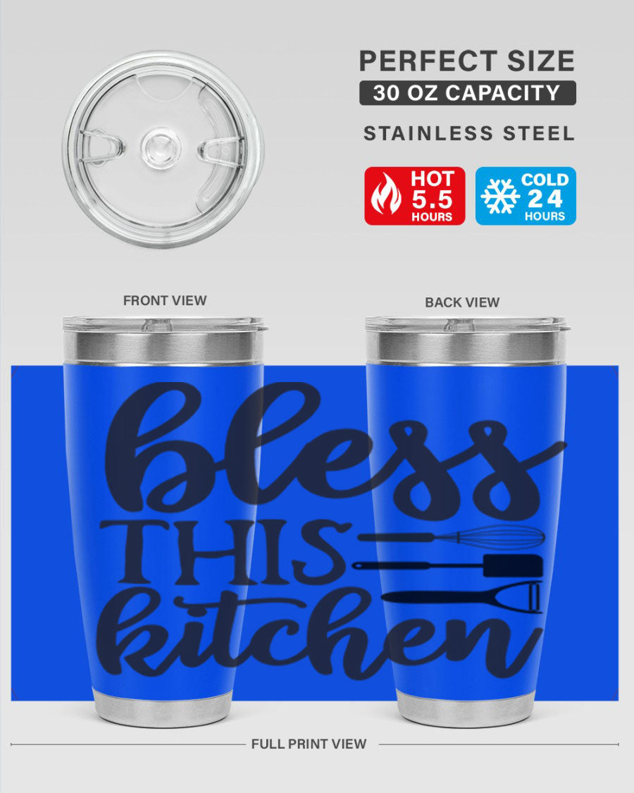 Bless This Kitchen 20oz Tumbler made of stainless steel with a stylish design, perfect for hot and cold beverages.